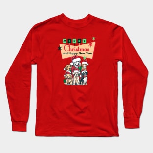 Retro Christmas Dog Design - Cute Dogs with Santa Hats Under a Retro Sign Long Sleeve T-Shirt